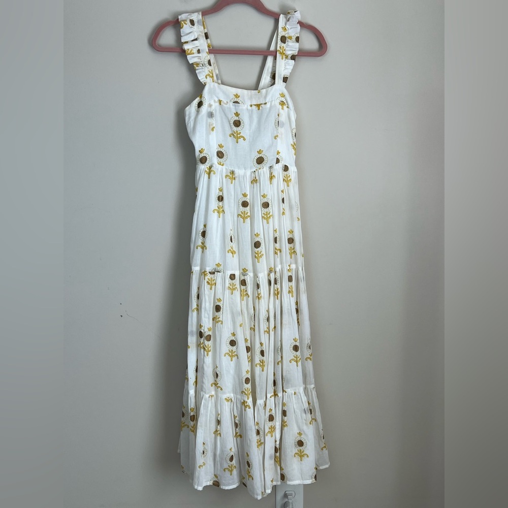 Oliphant White Midi Dress with Yellow Floral Embroidery